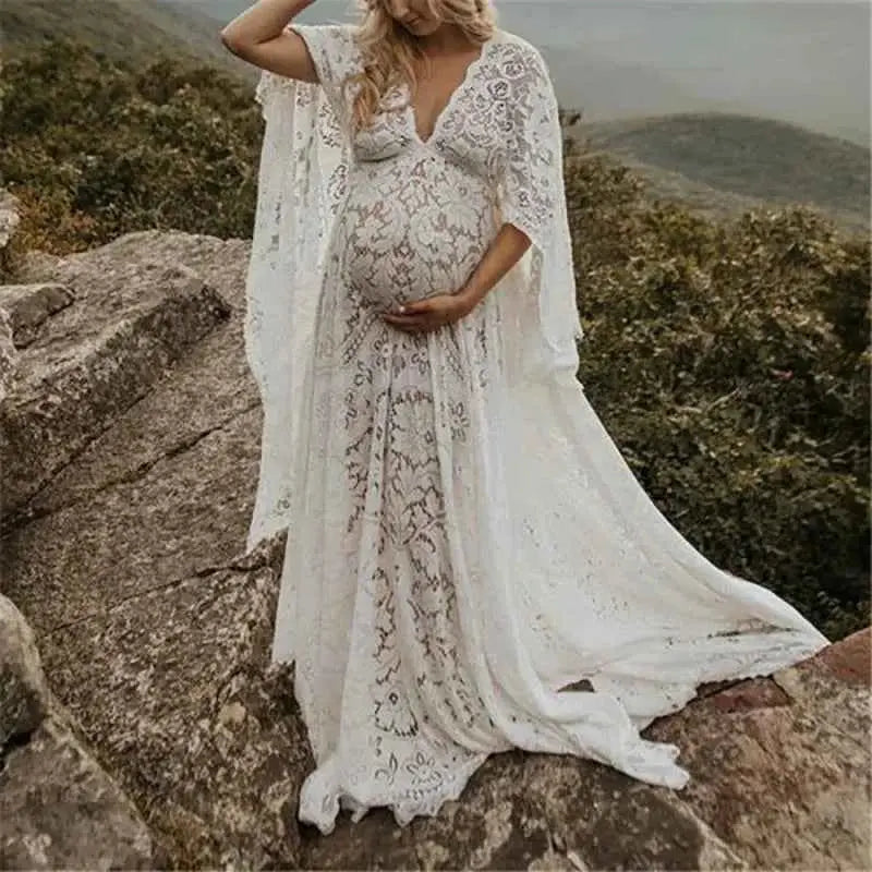 Umstandskleid mit Spitzenärmel - Maternity Batwing Sleeve V-Ausschnitt Langes Kleid für schwangere Frauen, ideal für Fotoshootings und als Requisit