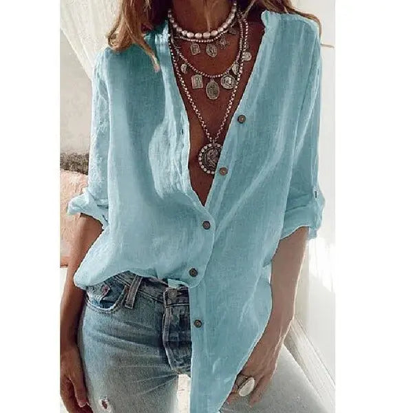 White Shirt for Women Long-sleeved Blouses Cotton Solid Color Loose V-neck Black Top Simple Casual Shirt for Female - Mein Shop