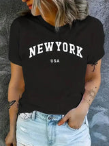 Women T Shirt Cartoon NEW YORK Letter Print Crew Neck Loose Top Tee Black T-shirt Female 90s Girls Graphic - Mein Shop