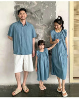 Family Matching Clothes for Brother Sister Mom Daughter Blue Dress Dad Son Clothing Korean Children Two Piece Set Couples Outfit