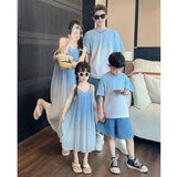 Family Fashion Beach Mother Father and Girl Boy Blue Clothes Vacation Look Mom Daughter Holiday Dress Korean Dad Son T Shirts