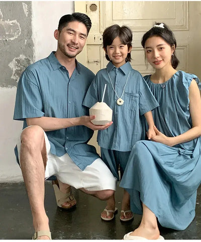 Family Matching Clothes for Brother Sister Mom Daughter Blue Dress Dad Son Clothing Korean Children Two Piece Set Couples Outfit Mein Shop