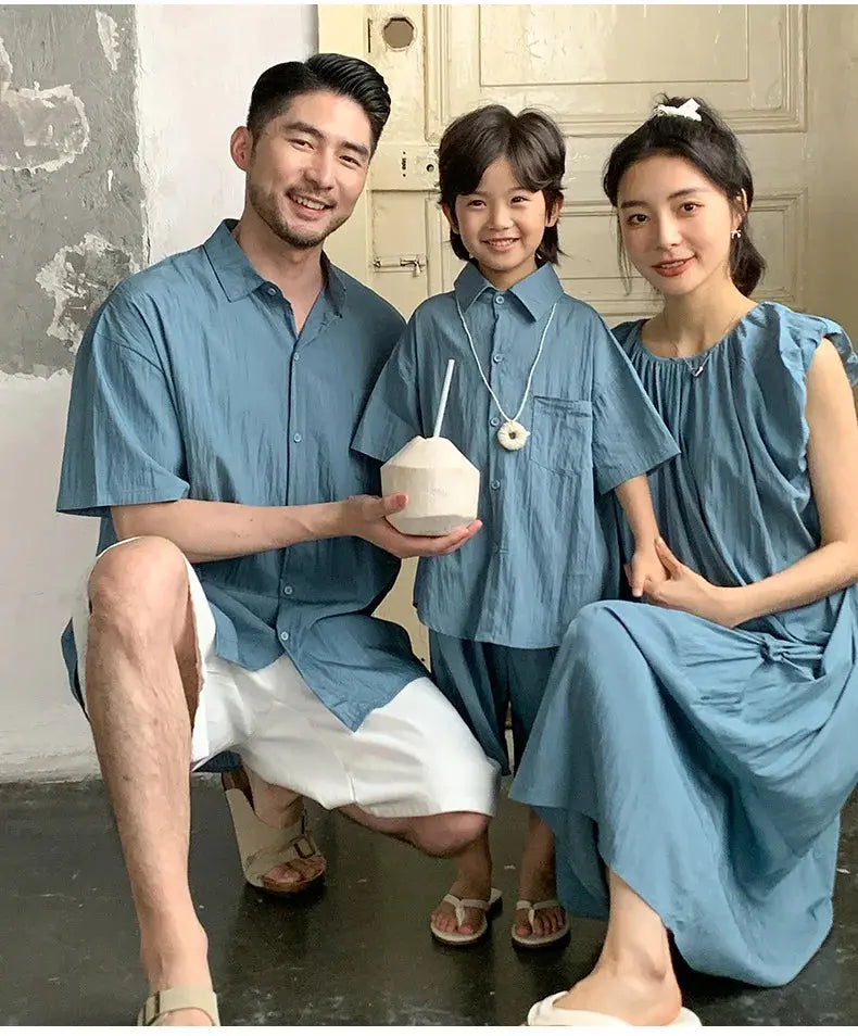 Family Matching Clothes for Brother Sister Mom Daughter Blue Dress Dad Son Clothing Korean Children Two Piece Set Couples Outfit Mein Shop