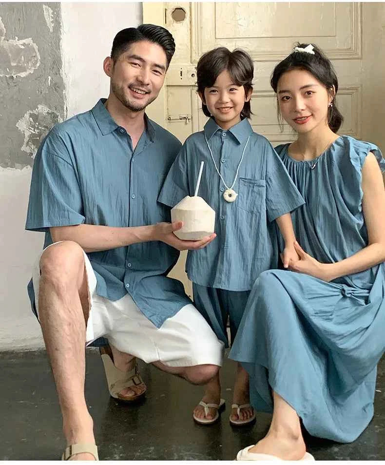 Family Matching Clothes for Brother Sister Mom Daughter Blue Dress Dad Son Clothing Korean Children Two Piece Set Couples Outfit