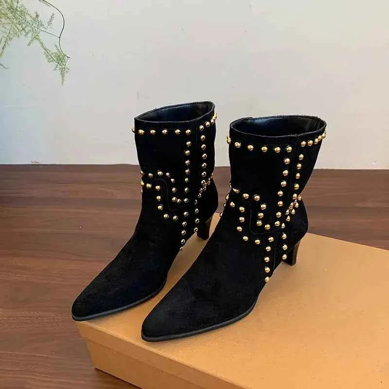 New Trend 2025 Autumn and Winter Rivet Fashion High Heel Chelsea Boots Pointed and Nude Boots High Heels Stiletto Western Boots