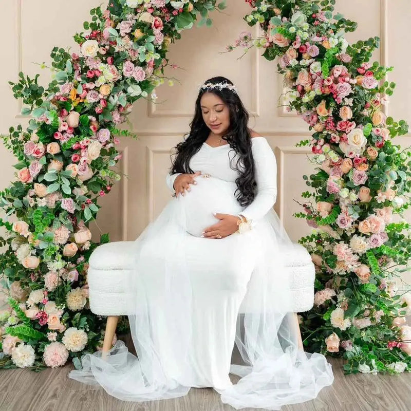 Schwangerenkleider Fotoshooting mit langen Ärmeln und V-Ausschnitt, elegante Mesh-Robe mit Bodenschleppe für Schwangerschaftsfotos und Babypartys