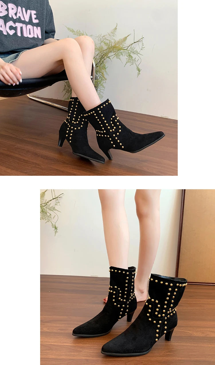 New Trend 2025 Autumn and Winter Rivet Fashion High Heel Chelsea Boots Pointed and Nude Boots High Heels Stiletto Western Boots