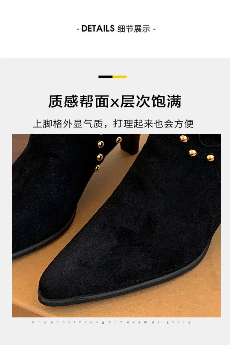 New Trend 2025 Autumn and Winter Rivet Fashion High Heel Chelsea Boots Pointed and Nude Boots High Heels Stiletto Western Boots