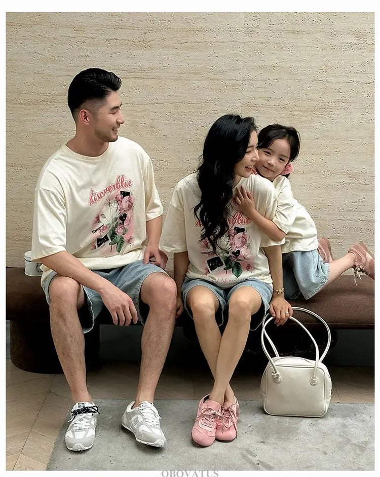 Family Matching Outfit Clothes Set For Summer Vacation Outerwear Beach Tshirt Shorts Clothing Suit Couple Kids Same Costume Wear - Mein Shop