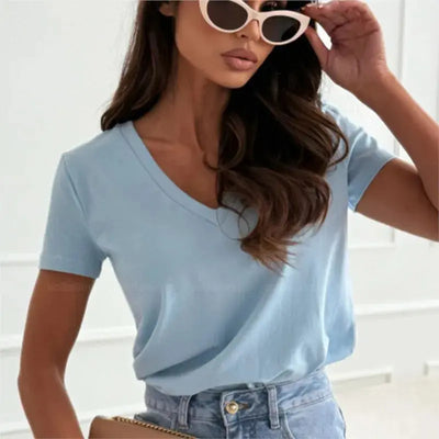 Women's Blouses T-shirt New Fashion Summer Pullover Tops White Short Sleeve Slim Fit V-Neck T-Shirt For Women Casual Clothing - Mein Shop