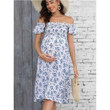 Pregnancy Woman Dress Summer Printed Korean Version Loose Pregnant Blue Dress Beach Holiday Dress For Pregnant Photo Shoot