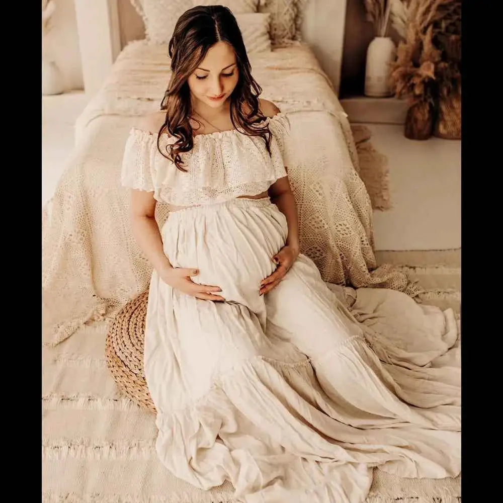 Schwangerschaftskleid Fotografie: Ein-Schulter Spitze Kurzoberteil & Leinen Baumwolle Lange Rock Maternity Kleider für Babypartys