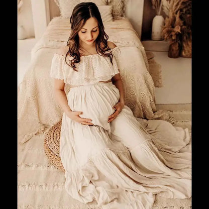 Schwangerschaftskleid Fotografie: Ein-Schulter Spitze Kurzoberteil &amp; Leinen Baumwolle Lange Rock Maternity Kleider für Babypartys