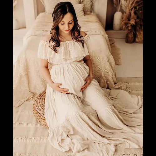 Schwangerschaftskleid Fotografie: Ein-Schulter Spitze Kurzoberteil & Leinen Baumwolle Lange Rock Maternity Kleider für Babypartys