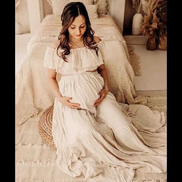 Schwangerschaftskleid Fotografie: Ein-Schulter Spitze Kurzoberteil & Leinen Baumwolle Lange Rock Maternity Kleider für Babypartys