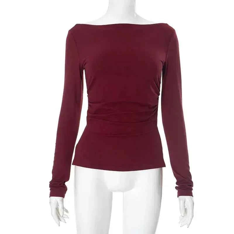 Wine Red T-shirts for Women 2025 Autumn Long Sleeve Split Slim Fit Tee Shirt Female Clothing Y2K Tunics Crop Tops Streetwear