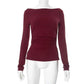 Wine Red T-shirts for Women 2025 Autumn Long Sleeve Split Slim Fit Tee Shirt Female Clothing Y2K Tunics Crop Tops Streetwear