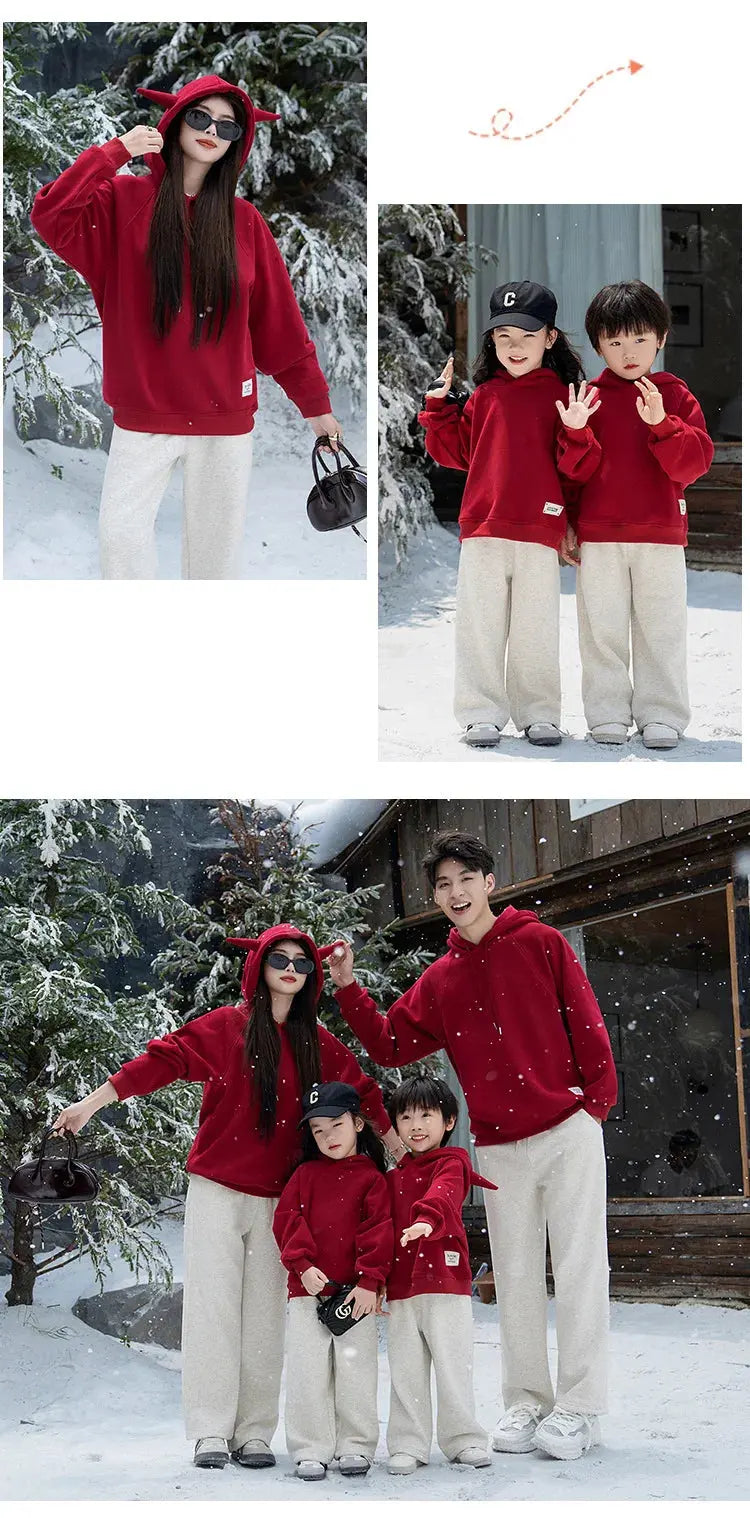 Funny Family Red Hoodies Ear Winter Warm Parent-child Clothes Dad Mom Daughter Son Matching Thick Hooded Sweatshirts Pants Sets - Mein Shop