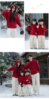 Funny Family Red Hoodies Ear Winter Warm Parent-child Clothes Dad Mom Daughter Son Matching Thick Hooded Sweatshirts Pants Sets - Mein Shop