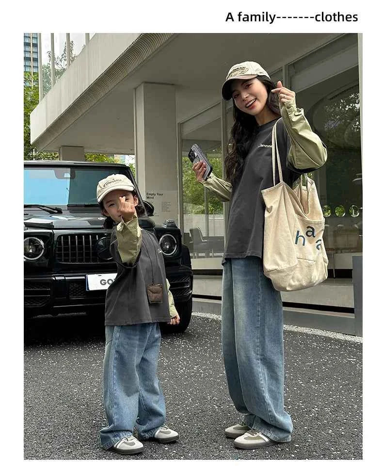 Fashion Family Long Sleeve T-shirt Parent-child Tee Korean Father Mother and Son Daughter Same Clothes Dad Mom and Baby Clothing