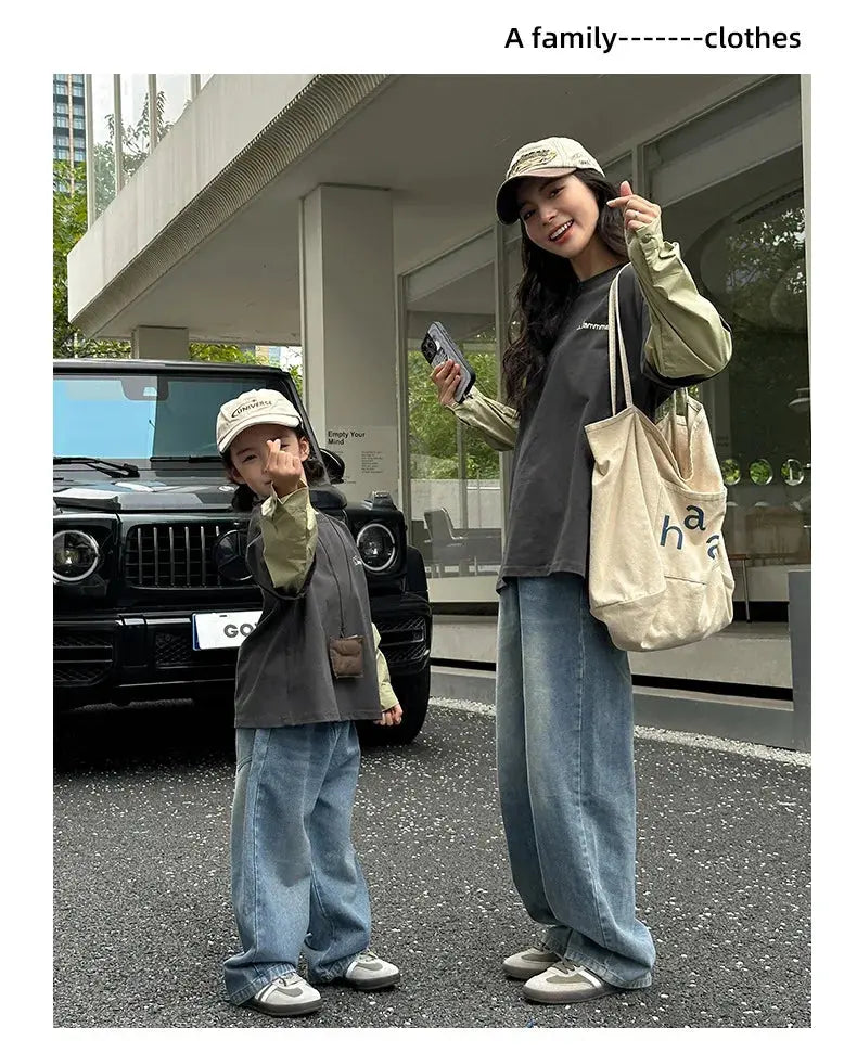 Fashion Family Long Sleeve T-shirt Parent-child Tee Korean Father Mother and Son Daughter Same Clothes Dad Mom and Baby Clothing - Mein Shop