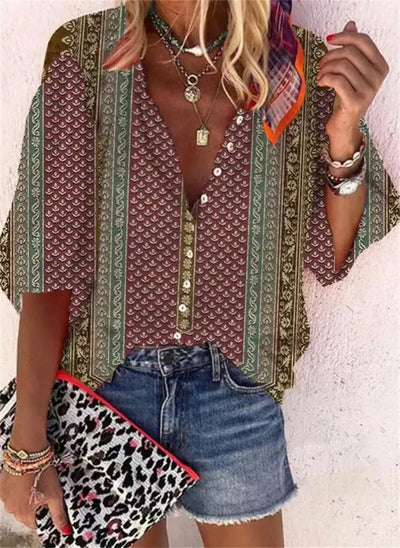 2024 New Women's Shirts & Blouses Fashion Vintage Printed Casual Vacation Bohemian Style Lady Single-breasted Shirt Streetwear - Mein Shop