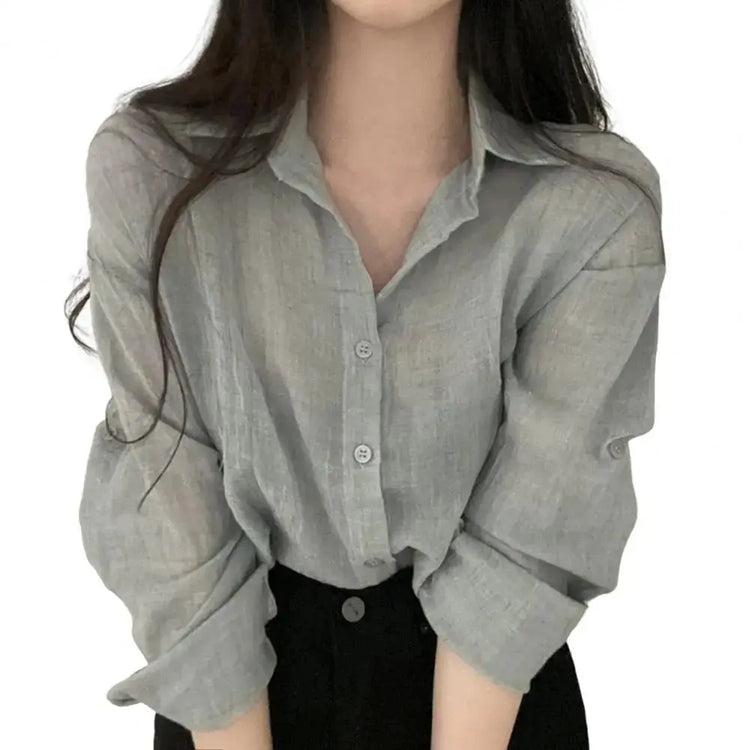 Women Shirt Turn Down Collar Cardigan Shirt Women Solid Color Sun Shirt - Mein Shop