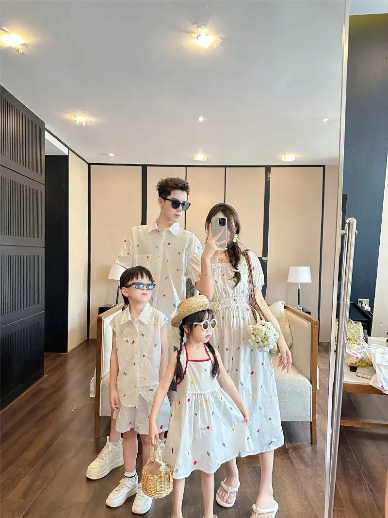 Fashion Family Matching Couple Clothes Mother and Daughter White Dress Dad and Son Baby Clothing Korean Boys Two Piece Outfits - Mein Shop
