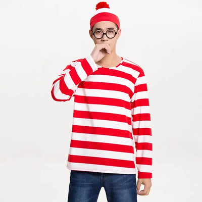 Waldo Book Week Fancy Dress Where's Wally Family Matching Parent-Child Costume Red White Stripe Shirt +Hat +Glasses Girls Boys - Mein Shop