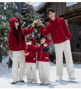Funny Family Red Hoodies Ear Winter Warm Parent-child Clothes Dad Mom Daughter Son Matching Thick Hooded Sweatshirts Pants Sets - Mein Shop
