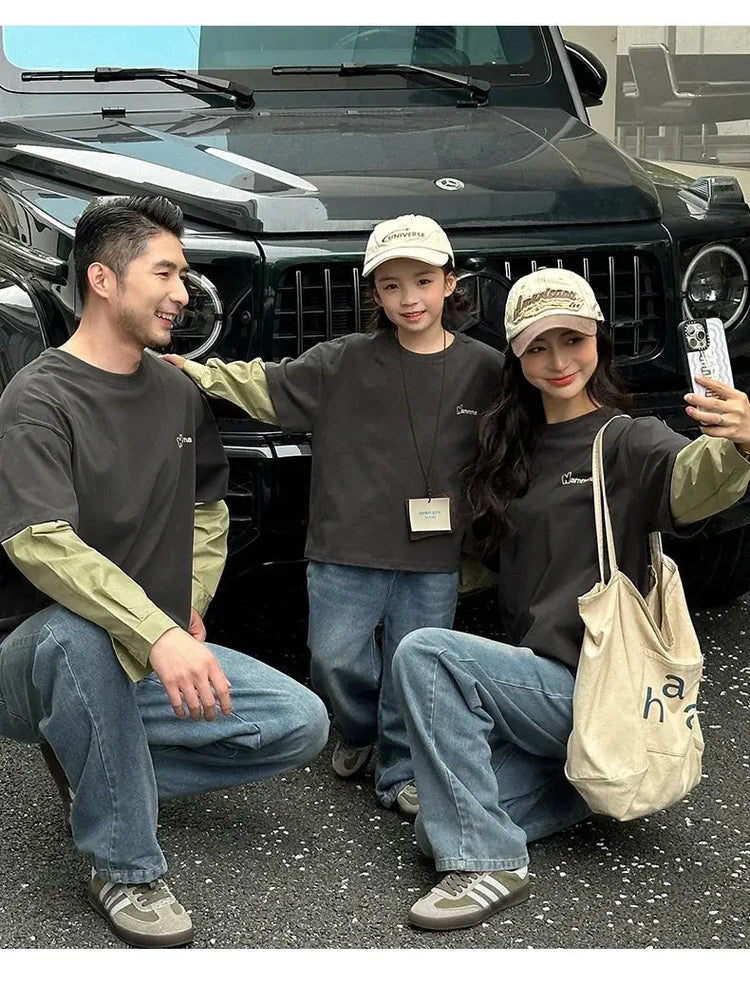 Fashion Family Long Sleeve T-shirt Parent-child Tee Korean Father Mother and Son Daughter Same Clothes Dad Mom and Baby Clothing - Mein Shop