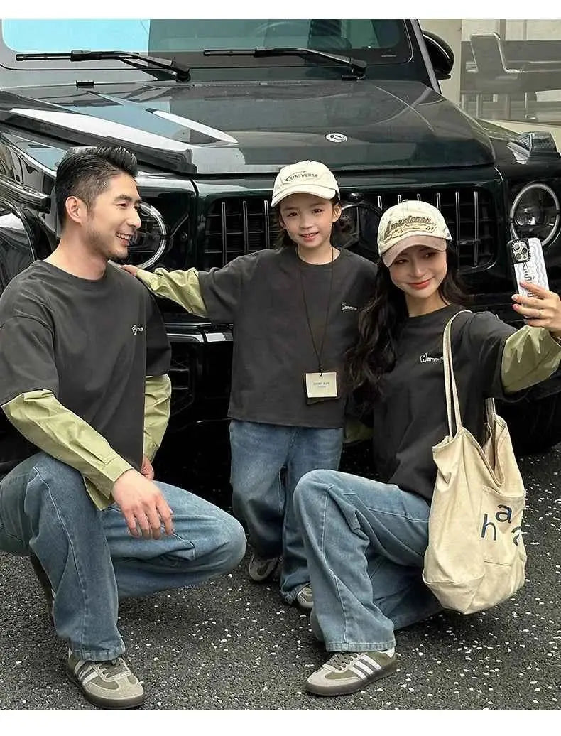 Fashion Family Long Sleeve T-shirt Parent-child Tee Korean Father Mother and Son Daughter Same Clothes Dad Mom and Baby Clothing