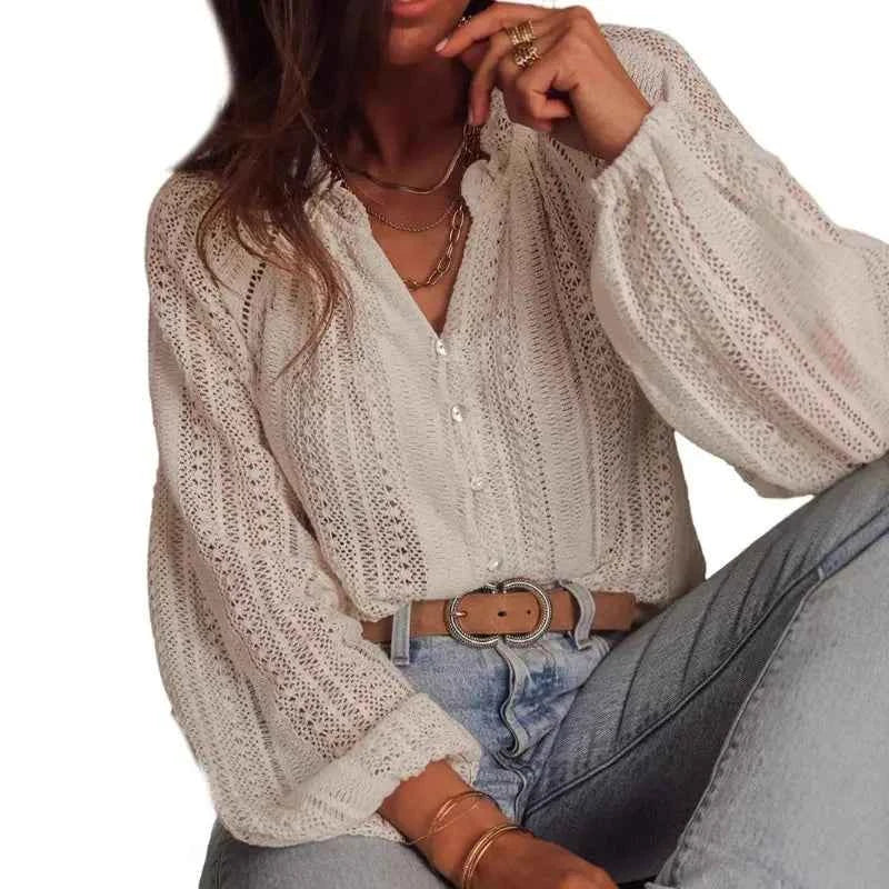 Shirt Women Tops V Neck Blouses Work Elegant Full Sleeve Casual Top Simple Hollow Out Shirts Y2k Streetwear Work Summer 2025