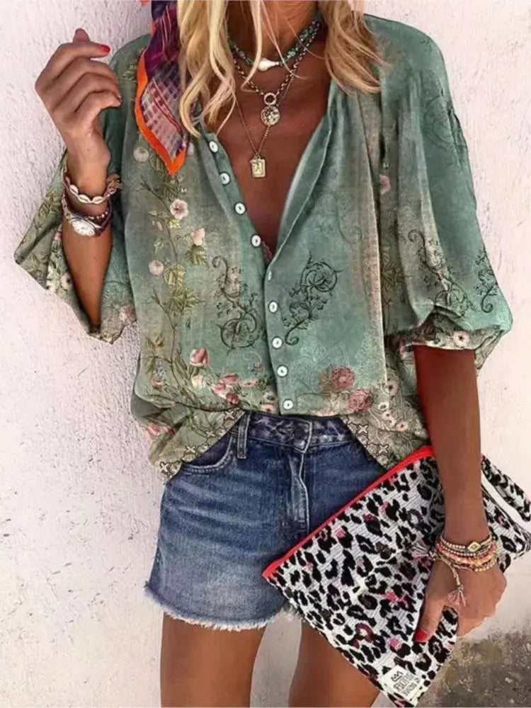 2024 New Women's Shirts & Blouses Fashion Vintage Printed Casual Vacation Bohemian Style Lady Single-breasted Shirt Streetwear - Mein Shop