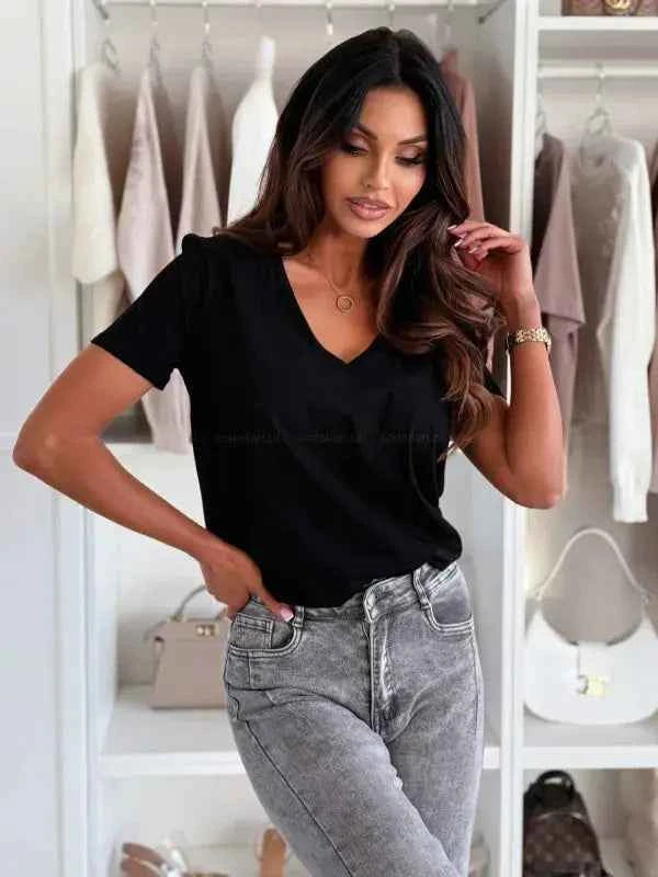 Women's Blouses T-shirt New Fashion Summer Pullover Tops White Short Sleeve Slim Fit V-Neck T-Shirt For Women Casual Clothing