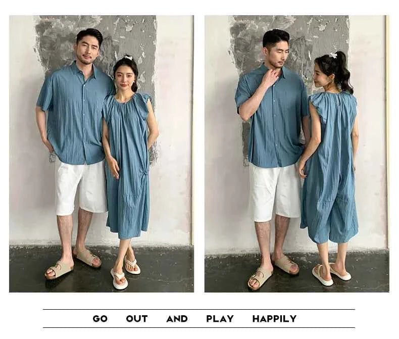 Family Matching Clothes for Brother Sister Mom Daughter Blue Dress Dad Son Clothing Korean Children Two Piece Set Couples Outfit