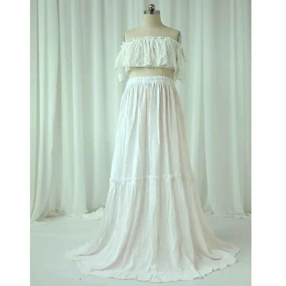 Schwangerschaftskleid Fotografie: Ein-Schulter Spitze Kurzoberteil & Leinen Baumwolle Lange Rock Maternity Kleider für Babypartys