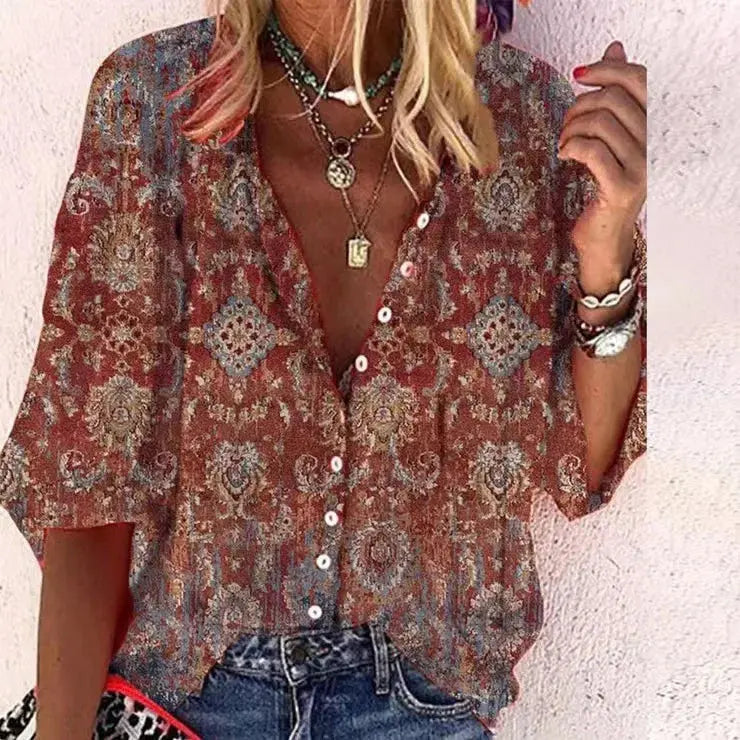 2024 New Women's Shirts & Blouses Fashion Vintage Printed Casual Vacation Bohemian Style Lady Single-breasted Shirt Streetwear - Mein Shop