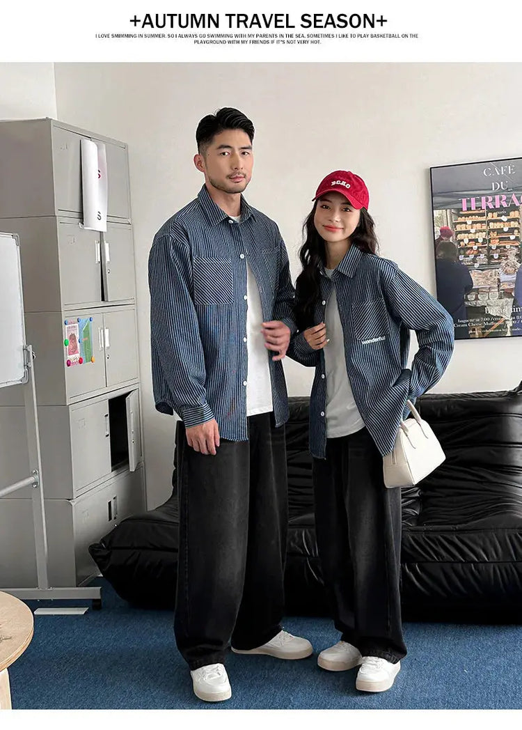 Family Cotton Denim Shirts Parent-child Fashion Clothes Mother and Daughter Jacket Korean Father and Son Same Stripe Coat Tops - Mein Shop