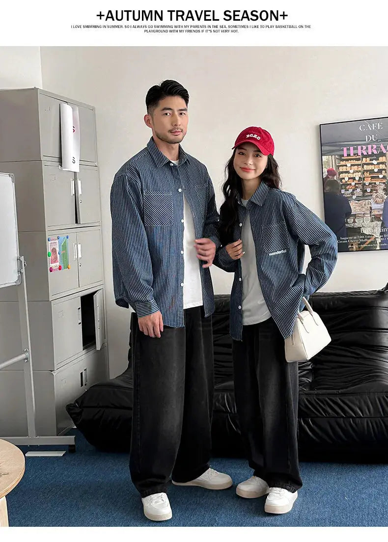 Family Cotton Denim Shirts Parent-child Fashion Clothes Mother and Daughter Jacket Korean Father and Son Same Stripe Coat Tops - Mein Shop