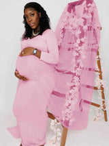 Schwangerenkleider Fotoshooting mit langen Ärmeln und V-Ausschnitt, elegante Mesh-Robe mit Bodenschleppe für Schwangerschaftsfotos und Babypartys