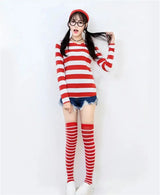 Waldo Book Week Fancy Dress Where's Wally Family Matching Parent-Child Costume Red White Stripe Shirt +Hat +Glasses Girls Boys - Mein Shop