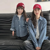 Family Cotton Denim Shirts Parent-child Fashion Clothes Mother and Daughter Jacket Korean Father and Son Same Stripe Coat Tops - Mein Shop