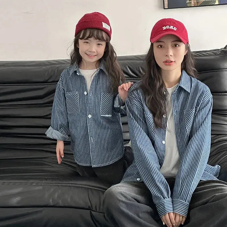 Family Cotton Denim Shirts Parent-child Fashion Clothes Mother and Daughter Jacket Korean Father and Son Same Stripe Coat Tops - Mein Shop