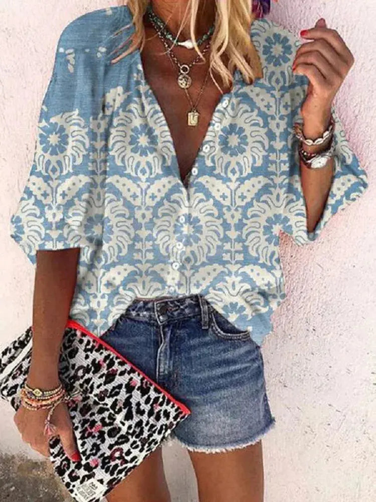 2024 New Women's Shirts & Blouses Fashion Vintage Printed Casual Vacation Bohemian Style Lady Single-breasted Shirt Streetwear - Mein Shop