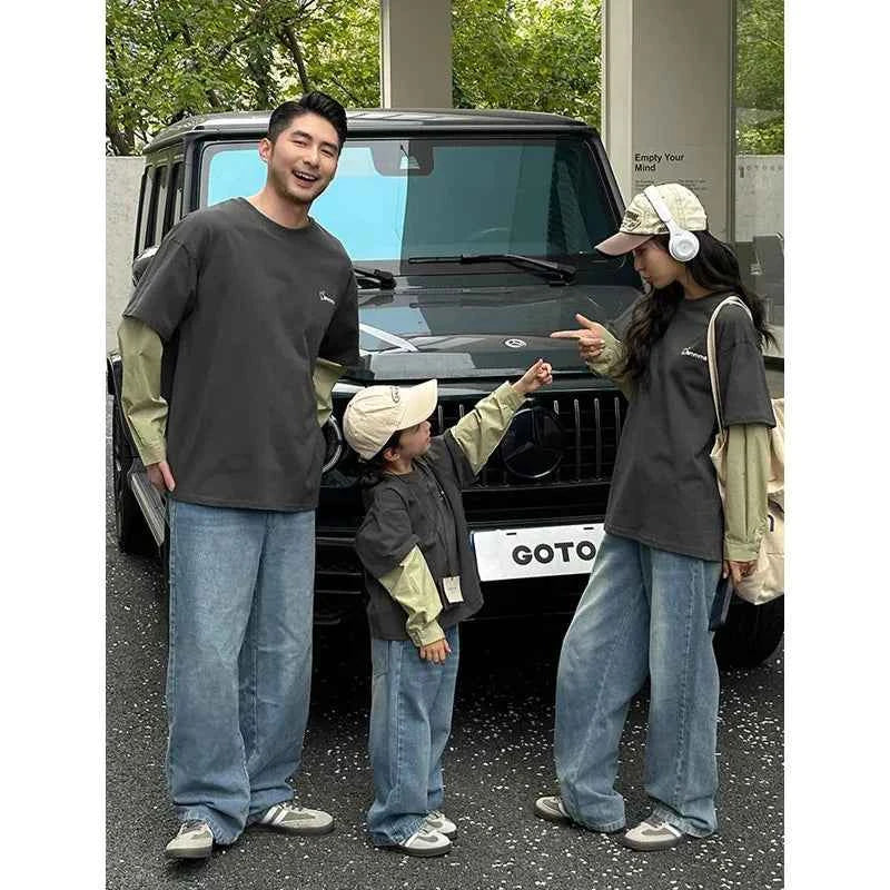 Fashion Family Long Sleeve T-shirt Parent-child Tee Korean Father Mother and Son Daughter Same Clothes Dad Mom and Baby Clothing