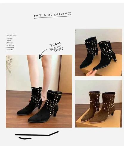 New Trend 2025 Autumn and Winter Rivet Fashion High Heel Chelsea Boots Pointed and Nude Boots High Heels Stiletto Western Boots