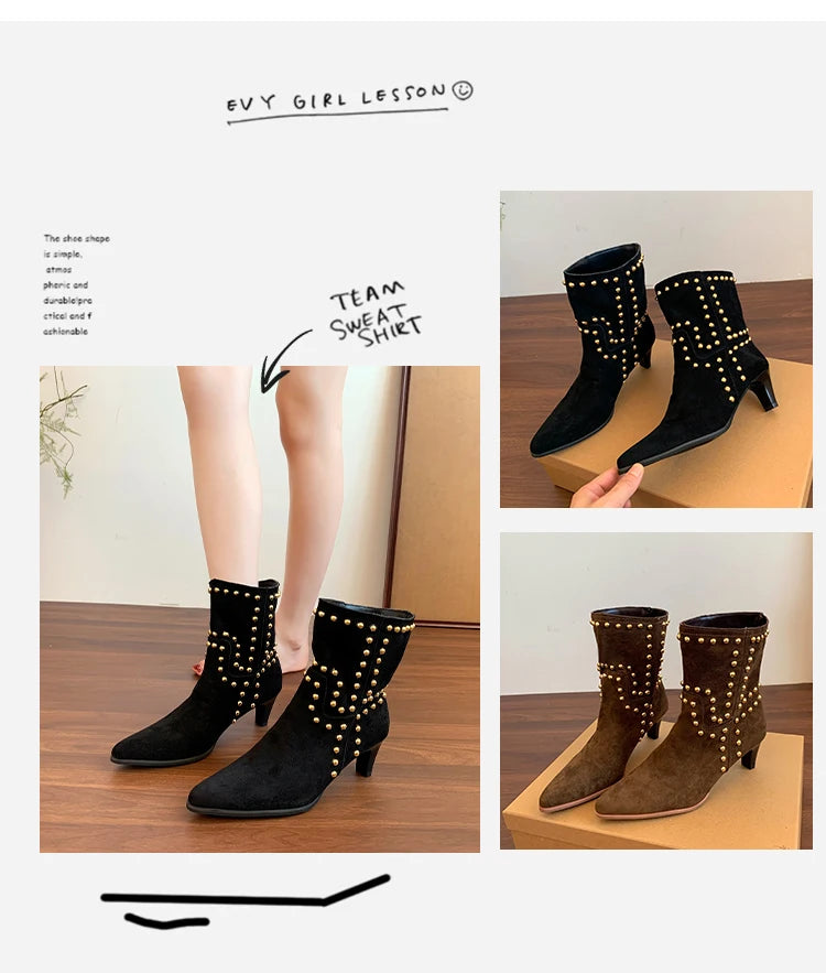 New Trend 2025 Autumn and Winter Rivet Fashion High Heel Chelsea Boots Pointed and Nude Boots High Heels Stiletto Western Boots