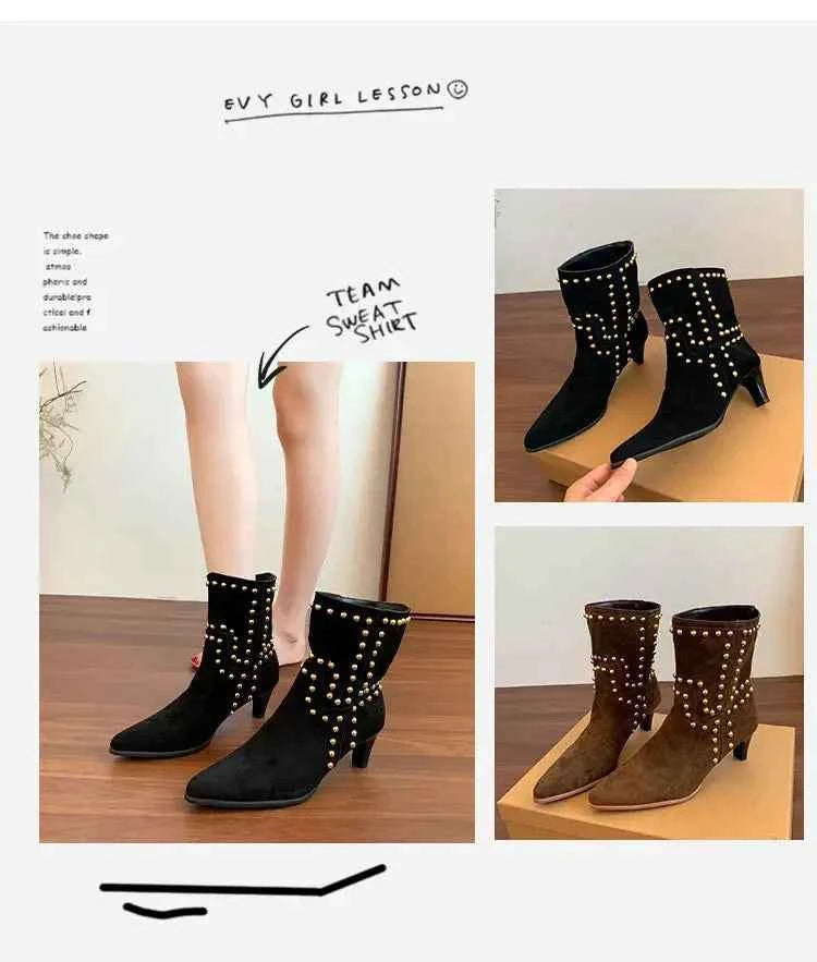New Trend 2025 Autumn and Winter Rivet Fashion High Heel Chelsea Boots Pointed and Nude Boots High Heels Stiletto Western Boots