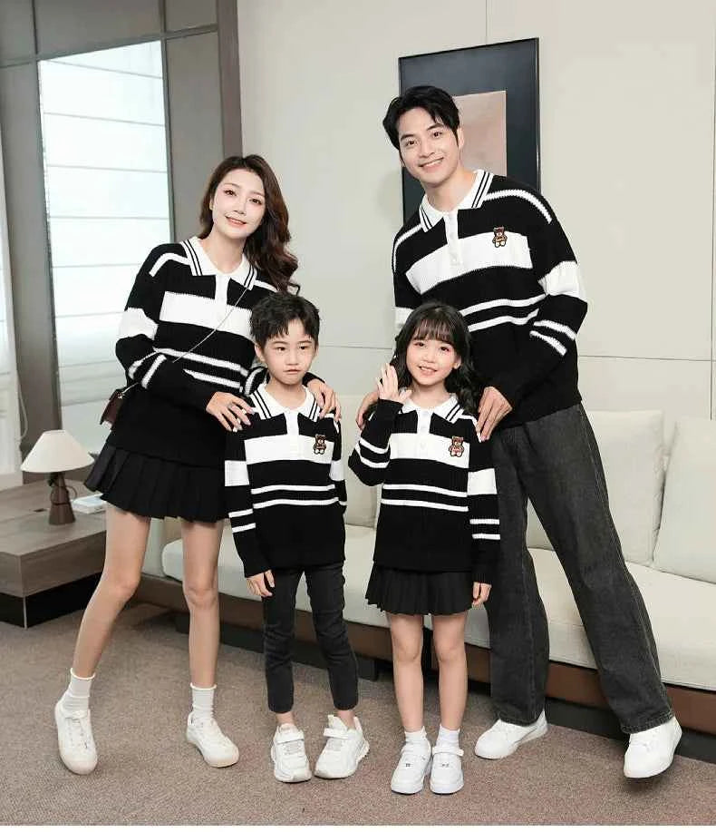 Sweater for The Whole Family Polo Knit Tops Fashion Mom and Daughter Child Girl Matching Jumper Dad and Son Baby Boy Knitwear
